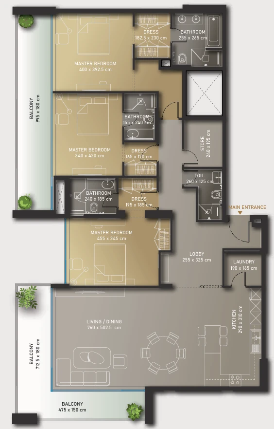 3-r. new flat, 2314 ft² in Olaia Residences